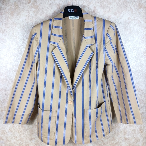 VINTAGE RUSS Tan w/Blue Stripes Blazer - Picture 1 of 7